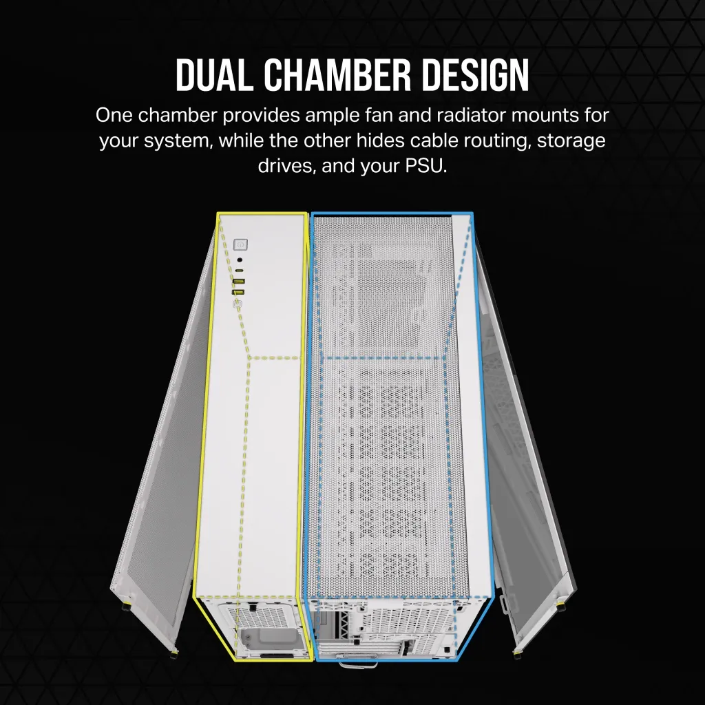 2500D Airflow White Mid-Tower Dual Chamber PC Case; 2x 3.5'' | 2x 2.5'' Drive Bays; Up to 360mm Radiator compatible - Image 24