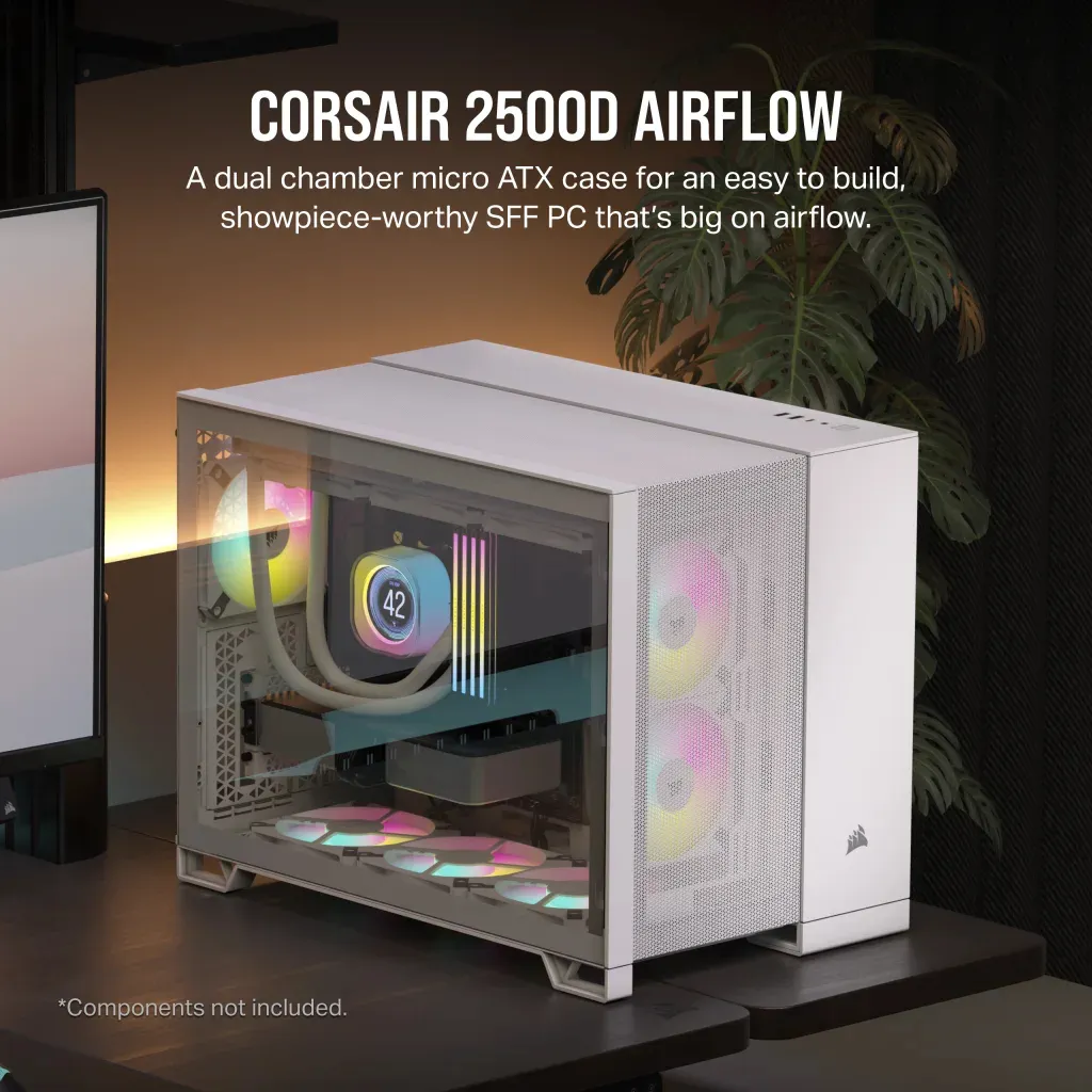 2500D Airflow White Mid-Tower Dual Chamber PC Case; 2x 3.5'' | 2x 2.5'' Drive Bays; Up to 360mm Radiator compatible - Image 5