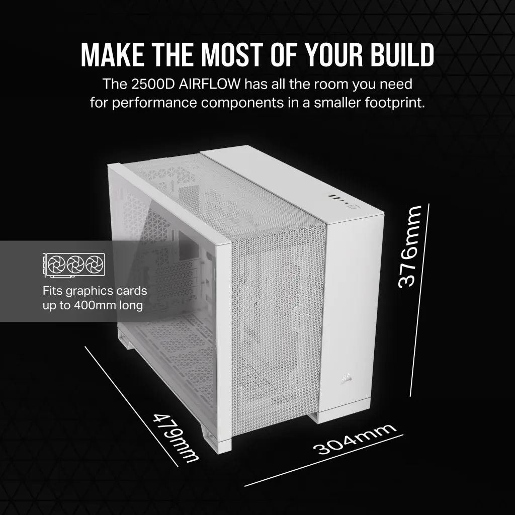 2500D Airflow White Mid-Tower Dual Chamber PC Case; 2x 3.5'' | 2x 2.5'' Drive Bays; Up to 360mm Radiator compatible - Image 7