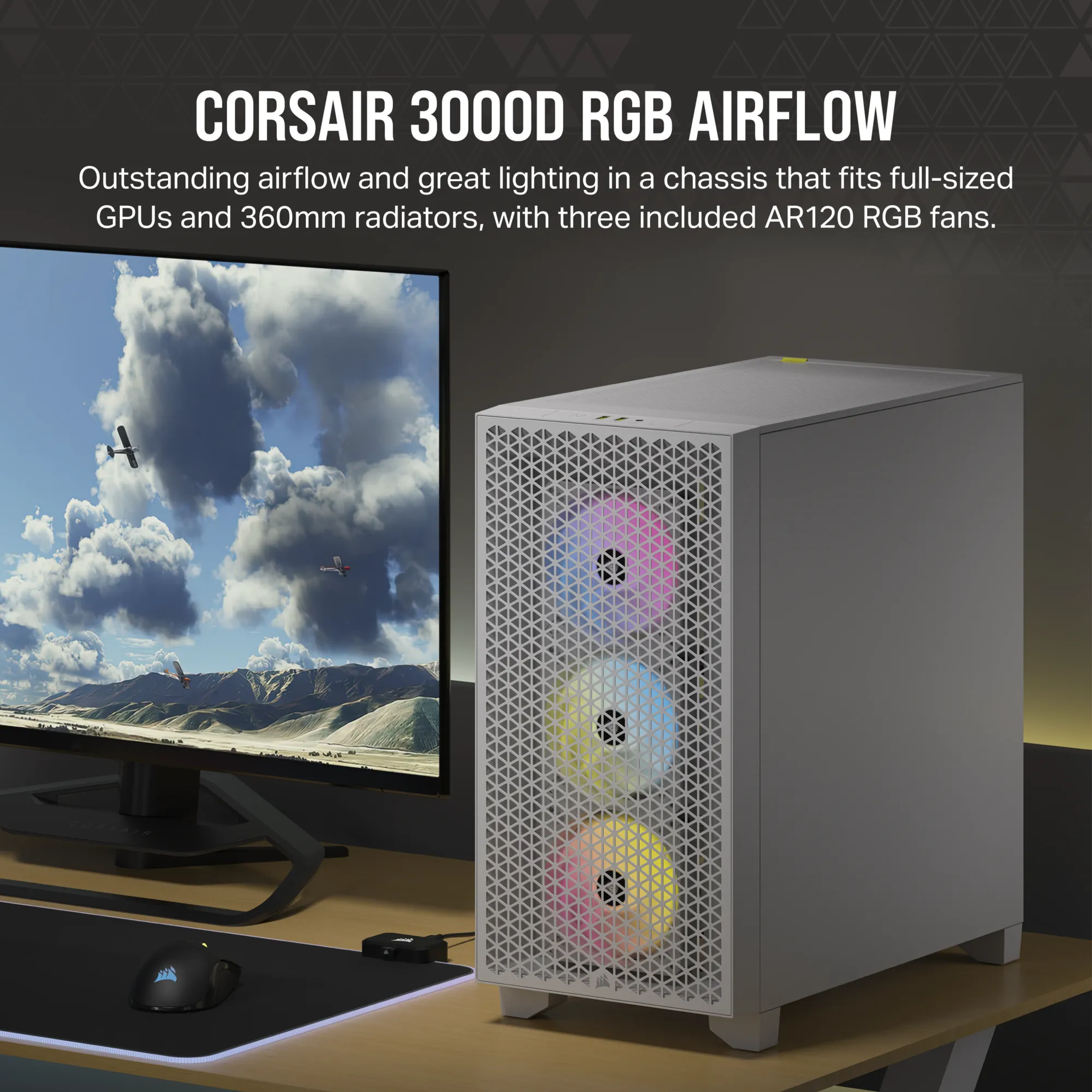 3000D RGB AIRFLOW White Mid-Tower PC Case; 2x 3.5'' | 2x 2.5'' Drive Bays; Up to 360mm Radiator compatible; 3x 120mm fan incl - Image 4