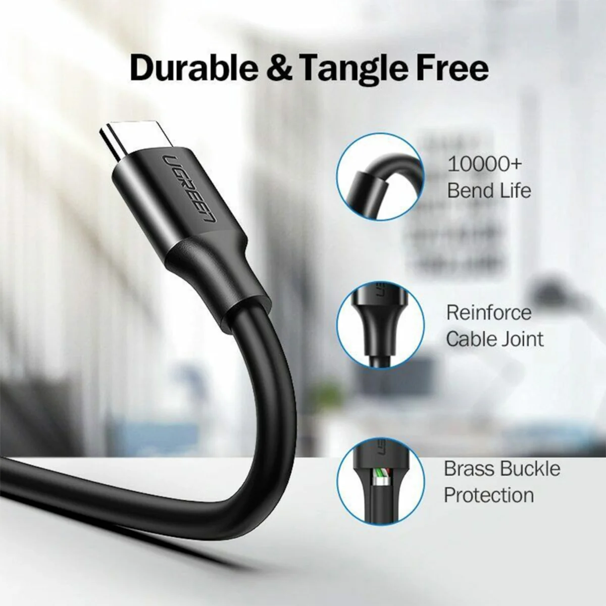 UGreen Type-C to USB 3.0 Cable 2m – Fast Charging 3A, 5Gbps Sync – Black - Image 3